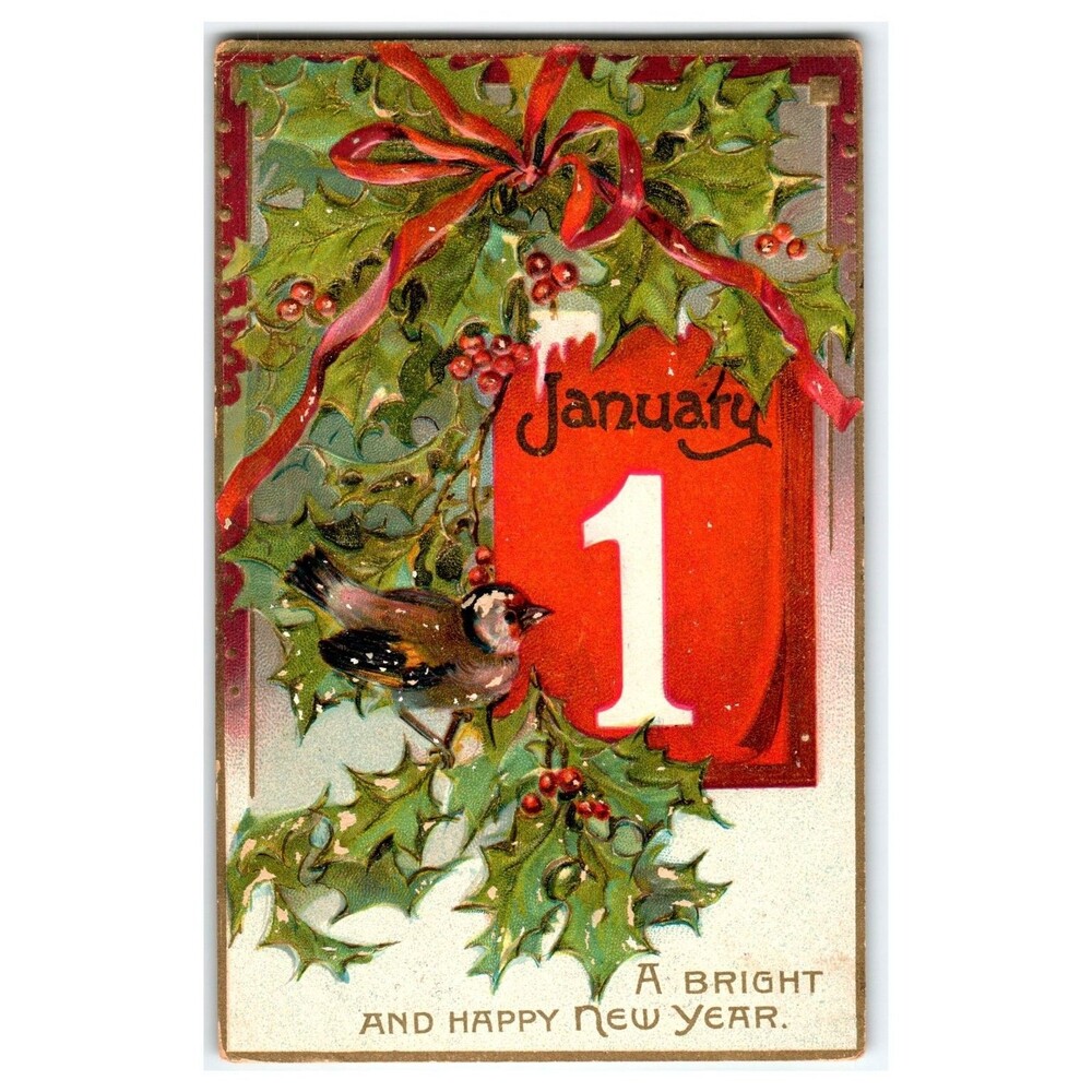 Tuck's New Year Postcard January 1st Holly Bird Embossed 1903 Posted